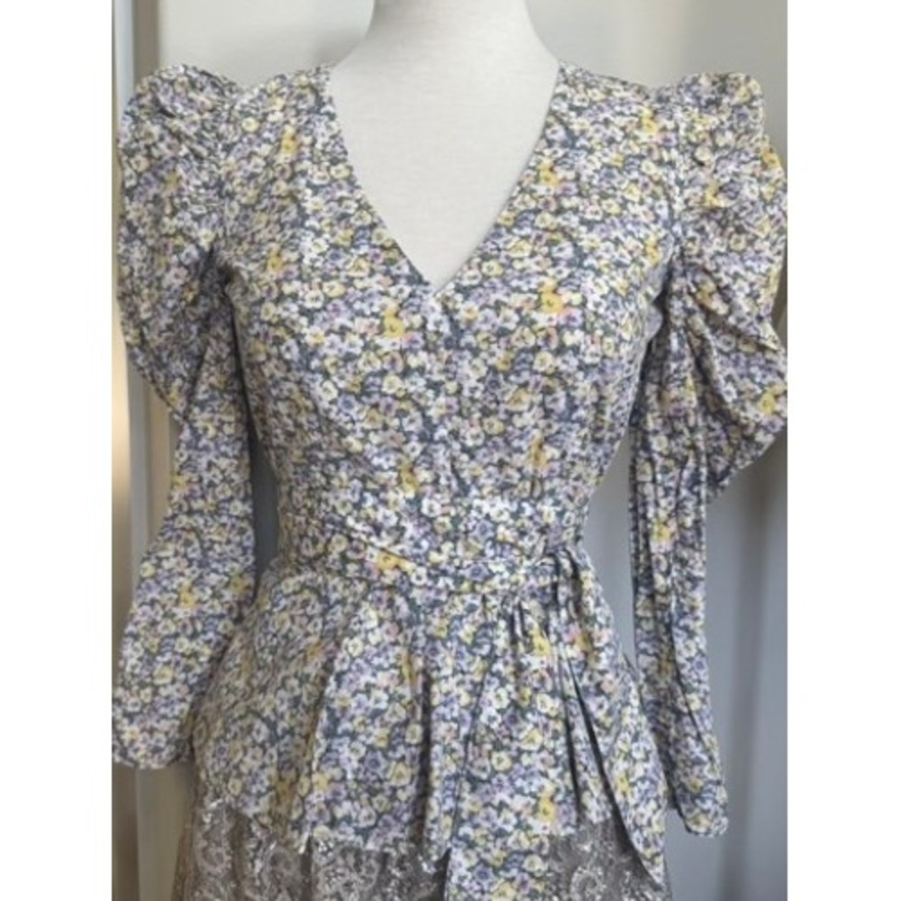 Rebecca Taylor Pansies Floral Peplum Wrap Top XS Pastel Cottagecore Coquette